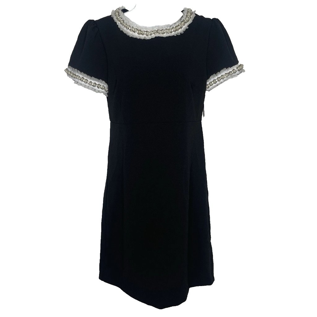 Vintage Y2k Betsey Johnson Black Sheath Dress Size 4 Faux Pearls Rhinestones